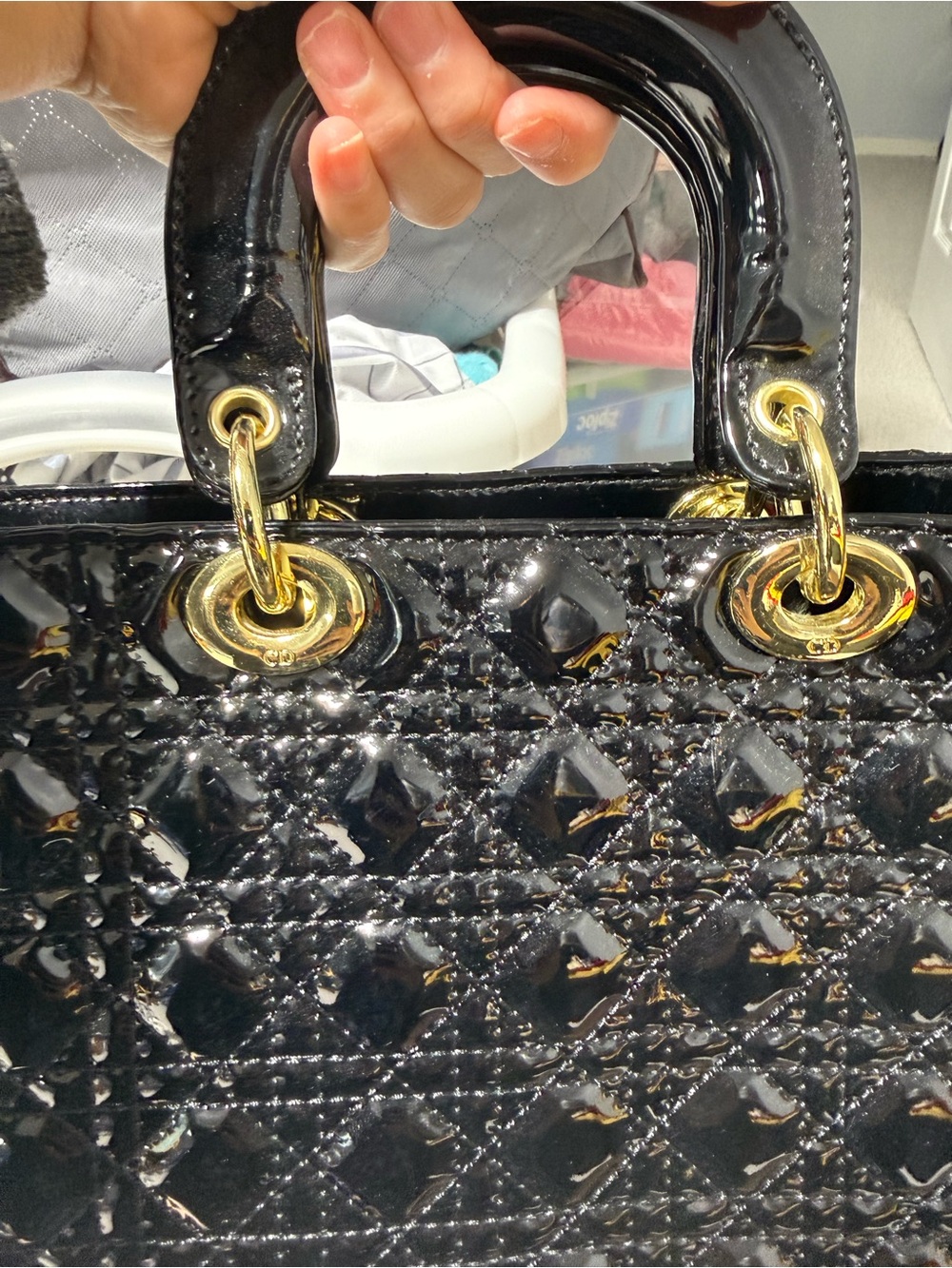 Black Patent Quilted Top-Handle Bag with Gold Hardware - Picture 2 of 9